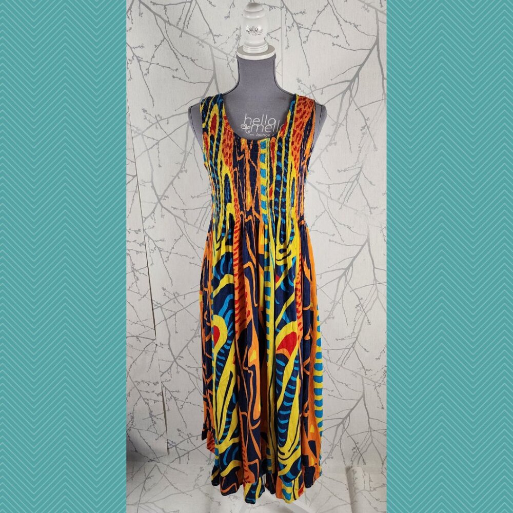 Metiss Designs Colorful Tribal Printed Smocked Flowy Midi Dress